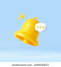 Notificação de Campainha 3D com balão de fala. Mensagem de mídia social. Inscreva-se no canal. Lembrete no aplicativo do telefone. Notar conceito. renderização 3d. Ilustração vetorial