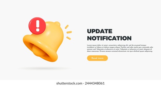 3D Bell notifications and update time. Subscribe to upgrade. New important message. Social media reminder. Update software. Cartoon creative design vector illustration for web page banner. 3D Vector