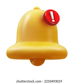 3d bell realistic icon isolated on white background. Vector render of bell with new notification, push chat alert, message