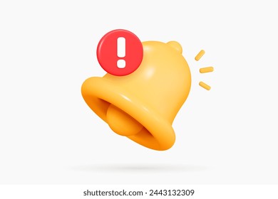 3D Bell with red danger alert notification. New important message. Urgent online call. Attention sign. Social media reminder. Cartoon design icon isolated on white background. 3D Vector illustration