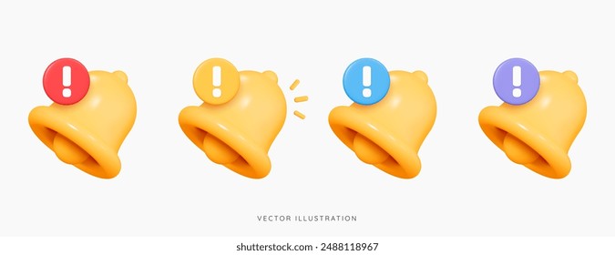 3D Bell with red danger alert notification. New important message. Urgent online call. Attention sign. Social media reminder. Cartoon design icon set isolated on white. 3D Vector illustration