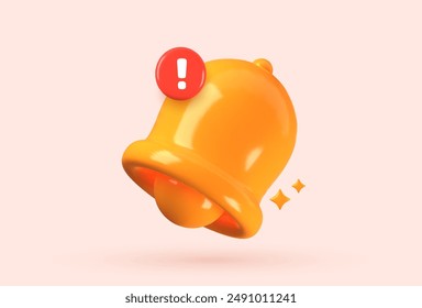 3D bell with red danger alert notification. Indicates new important message or urgent online call. Cartoon-style icon isolated on a white background.