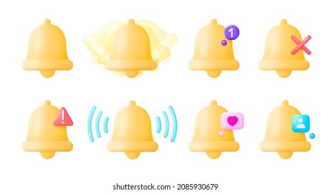 3D Bell set on white background. Message notification icon. Social media. Phone icon symbol set. Vector 3d illustration. Symbol, logo illustration