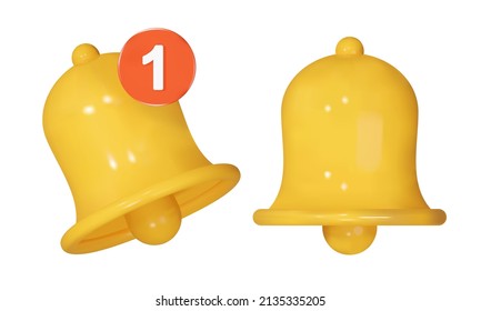 3d bell. Yellow bells, 1 new notification. Isolated object on a transparent background