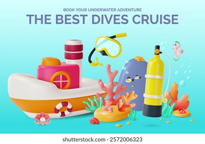 3d Best Dives Cruise Travel and Tourism Concept Ads Banner Poster Card. Vector illustration of Boat and Diving Equipment