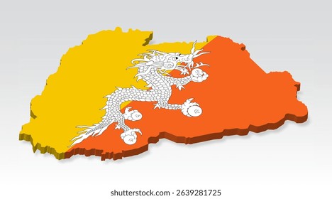 3D  Bhutan map with flag. Three dimensional map of Bhutan with shadow. Flag of Bhutan on white background for your design, app, UI.  Stock vector. EPS10. 