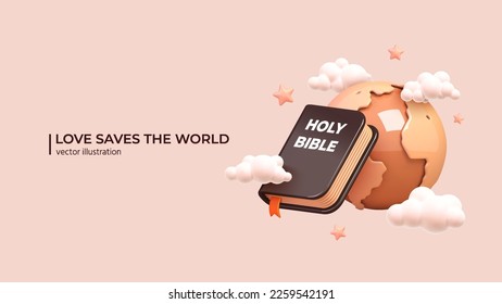 Biblia 3D y Tierra. Diseño 3d realista del Planeta Tierra de la Sagrada Biblia con nubes y estrellas alrededor. Mejor concepto del mundo en dibujos animados estilo mínimo. Ilustración del vector