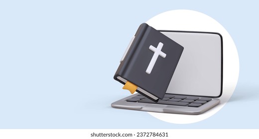 3D Bible, open laptop. EBook Religious teaching online. Distance learning in Christian school. Online service, stream from church. Questions and answers for believers