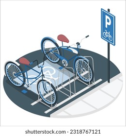 3d Bicycle isometric composition with location and parking signs with two parked bicycles. Bike parking vector illustration. Bike parking in the city with trees. blue bike with bicycle parking.