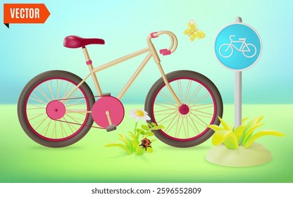 3d Bicycle and Road Sign Traffic Rules Concept Cartoon Design Style. Vector illustration of Activity Safety Lifestyle