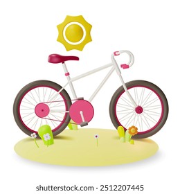3d Bicicleta Viagem e Turismo Conceito Design de Desenho Animado Estilo Isolado em um Fundo Branco. Ilustração vetorial