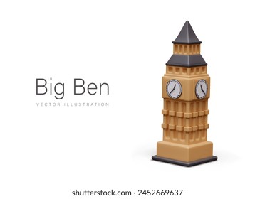 3D Big Ben, Elizabeth Tower. Famous London clock tower. Vector illustration on white background