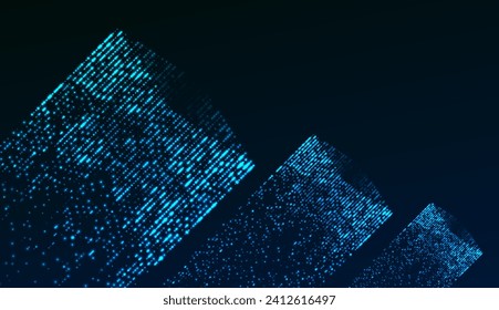 3D big data cubes made of glowing particles. Isometric bright box with reflection. From Chaos to order. Machine learning. Technology, digital database, network and blockchain connection. Vector