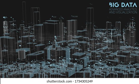Big data 3D na cidade moderna. Visualização abstrata de classificação de informações sociais. Conexões humanas ou análise da estrutura financeira urbana. Dados geoespaciais complexos. Complexidade das informações visuais.