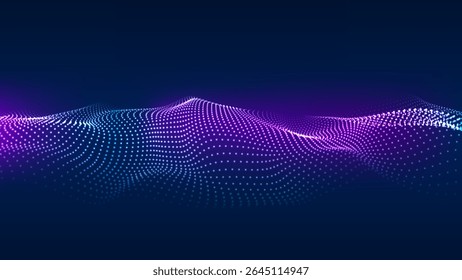 Onda de Big Data 3D, fundo de visualização de tecnologia abstrata. Ondas de partículas azuis e roxas. Ilustração vetorial.