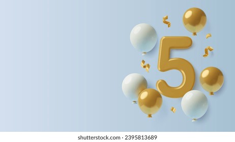 3D gran número 5 y fondo de globos para el cumpleaños del niño o aniversario con espacio de copia para texto. Banner blanco y dorado con decoraciones de fiesta tridimensional. Ilustración vectorial.