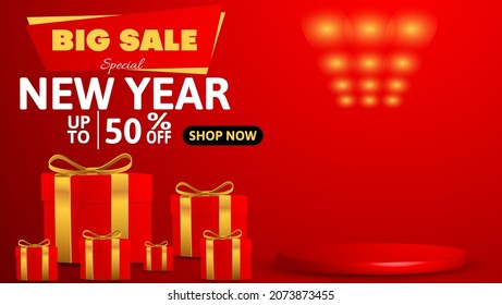 3d big sale banner design special new year in red color with gift box and podium. business vector illustration