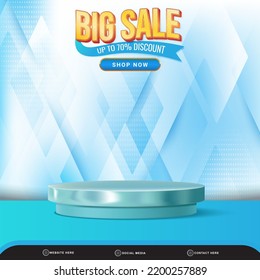 3d big sale banner social media template post with blank space podium for product with abstract gradient blue and white background design