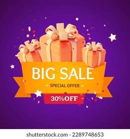 3d Big Sale Poster Banner Card Background Special Offer Concept with Different Present Boxes Cartoon Style. Vector illustration