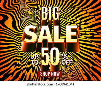 3d Big Sale for web app banner. Bright background in red and yellow colors for promotion. Cool design for card, poster, flyer, social media  banners. Discount special offer marketing poster. Vector.
