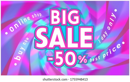 3d Big Sale for web app banner. Abstract liquid design. Round twisted tunnel of elegant modern geometric shapes on turquoise background.  Futuristic design poster or banner. Vector illustration.