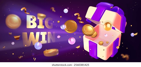 3D Big Win casino banner with beige and purple unwrapped gift box floating with scattered golden coins, pearly spheres and confetti ribbons on dark background. Slots, lottery games and gambling design