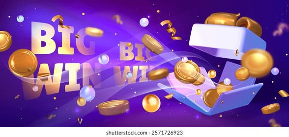 3d big win cassino banner com caixa de presente aberto explodindo com moedas de ouro no fundo roxo. Design promocional de jogos com recompensas monetárias flutuantes, pérolas decorativas e confetes metálicos.