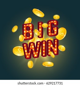 3D big win retro text with glowing lamps and golden coins. Vector illustration.