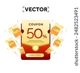 3d big yellow coupon wrapped with red envelope, mini coupons, CTA button, isolated on background. Coupon code with percentage off. Discount voucher giveaway banner template. 3d Vector illustration