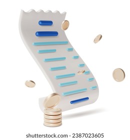 3d Bill Check Financial Statement Cartoon Style Isolated on a White Background. Vector illustration of Payment Document with Data Invoice and Money