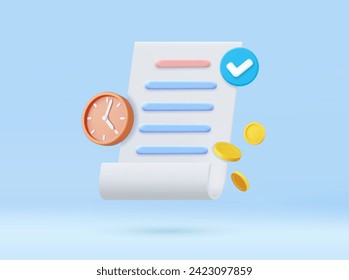 3D bill with clock alarm for payment transaction, check, money coin. invoice bill on budget concept. 3d rendering. Vector illustration