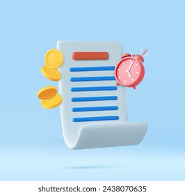 3d Bill with clock and golden coins for payment transaction. Financial metaphor, revealing the concept of paying bills and taxes of the season. 3D Rendering. Vector illustration