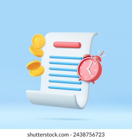 3d Bill with clock and golden coins for payment transaction. Financial metaphor, revealing the concept of paying bills and taxes of the season. 3D Rendering. Vector illustration