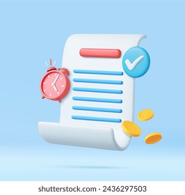 3d Bill with clock,check and golden coins for payment transaction. Financial metaphor, revealing the concept of paying bills and taxes of the season. 3D Rendering. Vector illustration