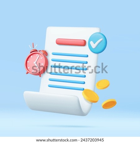 3d Bill with clock,check and golden coins for payment transaction. Financial metaphor, revealing the concept of paying bills and taxes of the season. 3D Rendering. Vector illustration