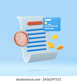 3d Bill with clock,credit card and golden coins for payment transaction. Financial metaphor, revealing the concept of paying bills and taxes of the season. 3D Rendering. Vector illustration