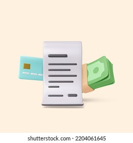 3D bill credit card and stack of paper green dollars. Render of realistic cartoon business icons. Vector illustration