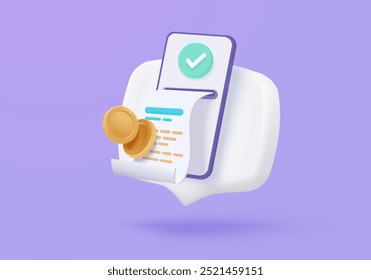 3D bill icon with clock alarm notice for promotion payment transaction. Business invoice order expenses idea for accounting in store concept. 3d receipt list icon vector render illustration