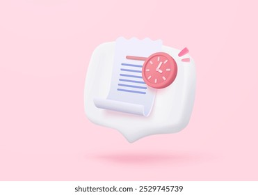 3D bill icon with clock alarm notice for promotion payment transaction. Business invoice order expenses idea for accounting in store concept. 3d receipt list icon vector render illustration
