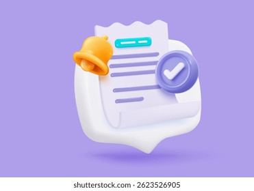 Ícone de fatura 3D com aviso de alarme do relógio para transação de pagamento de promoção. Ideia de despesas de ordem de fatura comercial para contabilidade no conceito de armazenamento. ilustração de renderização de vetor de ícone de lista de recebimento 3d