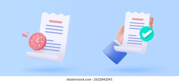 3D bill icon with clock alarm notice for promotion payment transaction. Business invoice order expenses idea for accounting in store concept. 3d receipt list icon vector render illustration