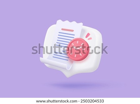 3D bill icon with clock alarm notice for promotion payment transaction. Business invoice order expenses idea for accounting in store concept. 3d receipt list icon vector render illustration