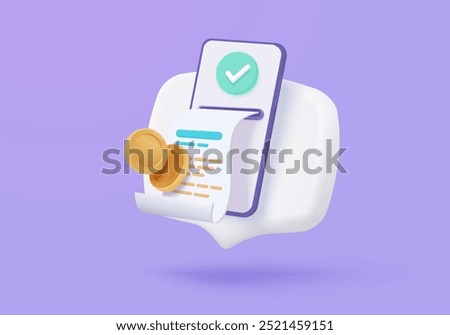 3D bill icon with clock alarm notice for promotion payment transaction. Business invoice order expenses idea for accounting in store concept. 3d receipt list icon vector render illustration
