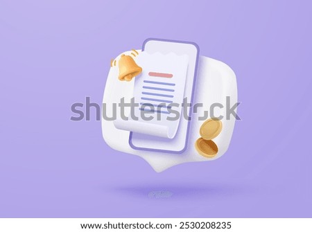 3D bill icon with clock alarm notice for promotion payment transaction. Business invoice order expenses idea for accounting in store concept. 3d receipt list icon vector render illustration