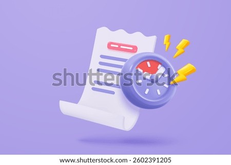 3D bill icon with clock alarm notice for promotion payment transaction. Business invoice order expenses idea for accounting in store concept. 3d receipt list icon vector render illustration