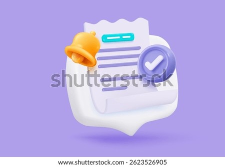 3D bill icon with clock alarm notice for promotion payment transaction. Business invoice order expenses idea for accounting in store concept. 3d receipt list icon vector render illustration