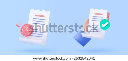 3D bill icon with clock alarm notice for promotion payment transaction. Business invoice order expenses idea for accounting in store concept. 3d receipt list icon vector render illustration
