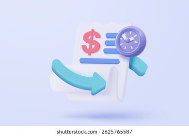 3D bill icon for payment transaction with clock for cashback money refund. paper receipt for shopping offer in store. Business invoice bill concepts. 3d invoice list icon vector render illustration