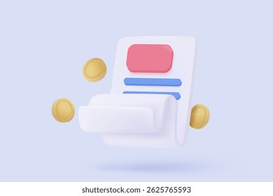Ícone de fatura 3D para transação de pagamento com aviso. recibo em papel para oferta de compra na loja. Conceito de ideia de despesas de fatura comercial. ilustração de renderização de vetor de ícone de lista de fatura 3d