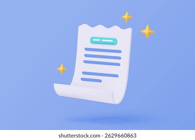 Ícone de fatura 3D para transação de pagamento com aviso. recibo em papel para oferta de compra na loja. Conceito de ideia de despesas de fatura comercial. ilustração de renderização de vetor de ícone de lista de fatura 3d